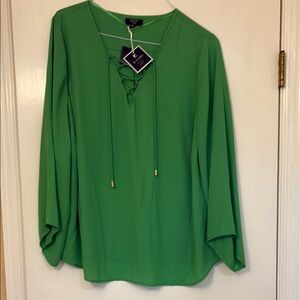 Kaari Blue Green 3/4 Sleeve Tie Front Blouse
